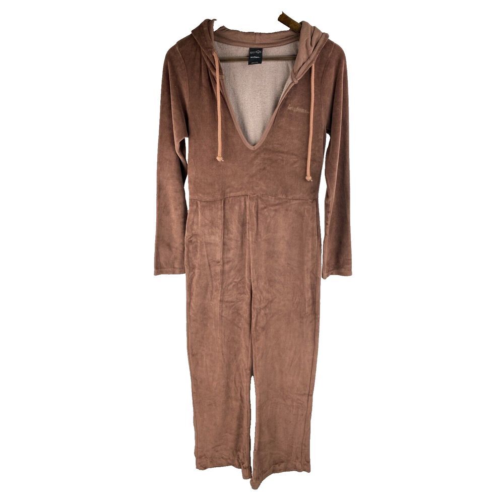 Urban Outfitters IETS FRANS L Kenny Soft Velour Lush Brown Hoodie Jumpsuit